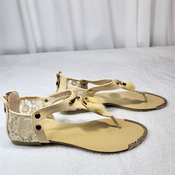 SilverDew Beige Summer Sandals Faux Fur Pom Poms - Picture 3 of 8